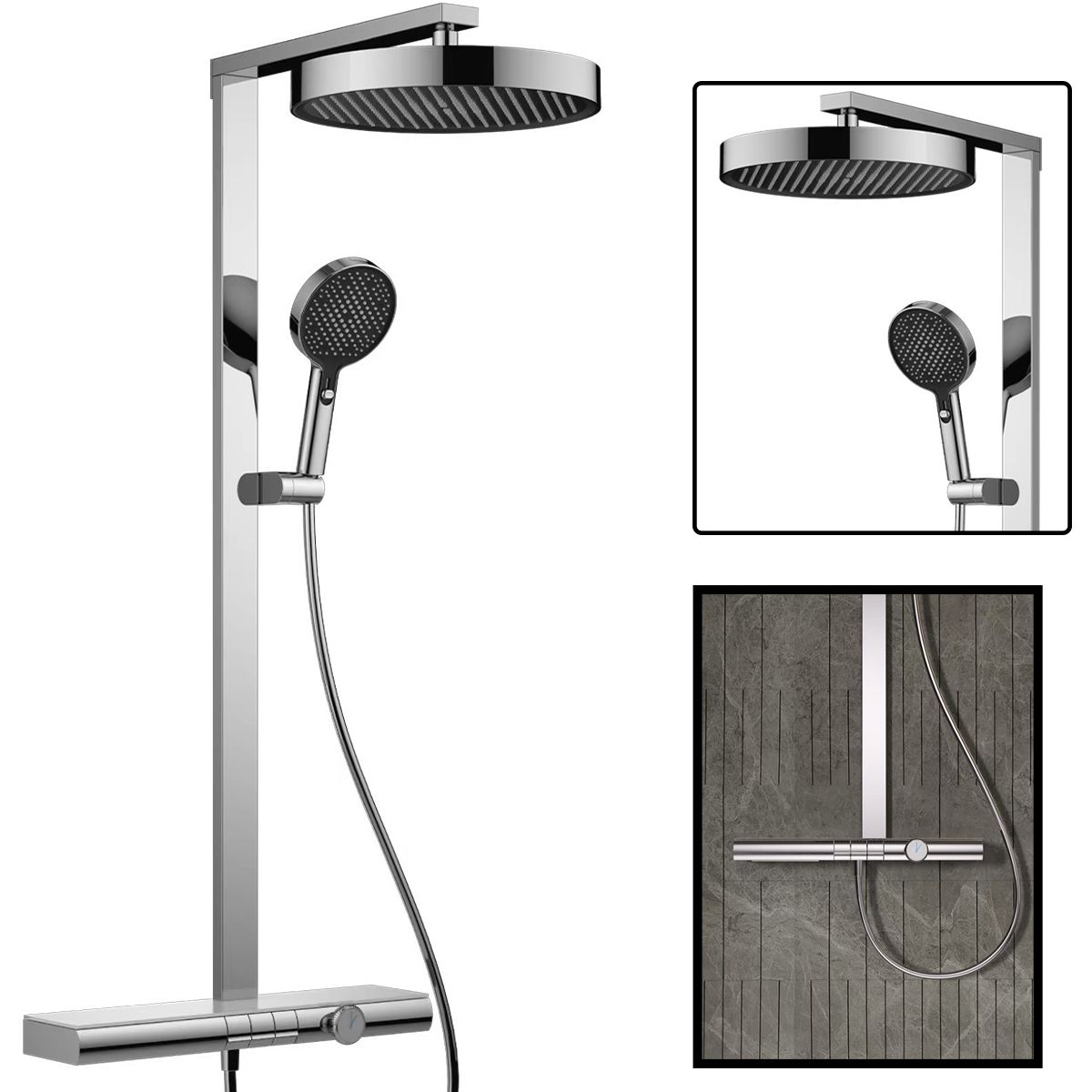 Duschsystem, Piano-Keys-Armatur, Ablage, Wasserfall-Badewannenauslauf, 3 Funktionen, Chrom, Vivo