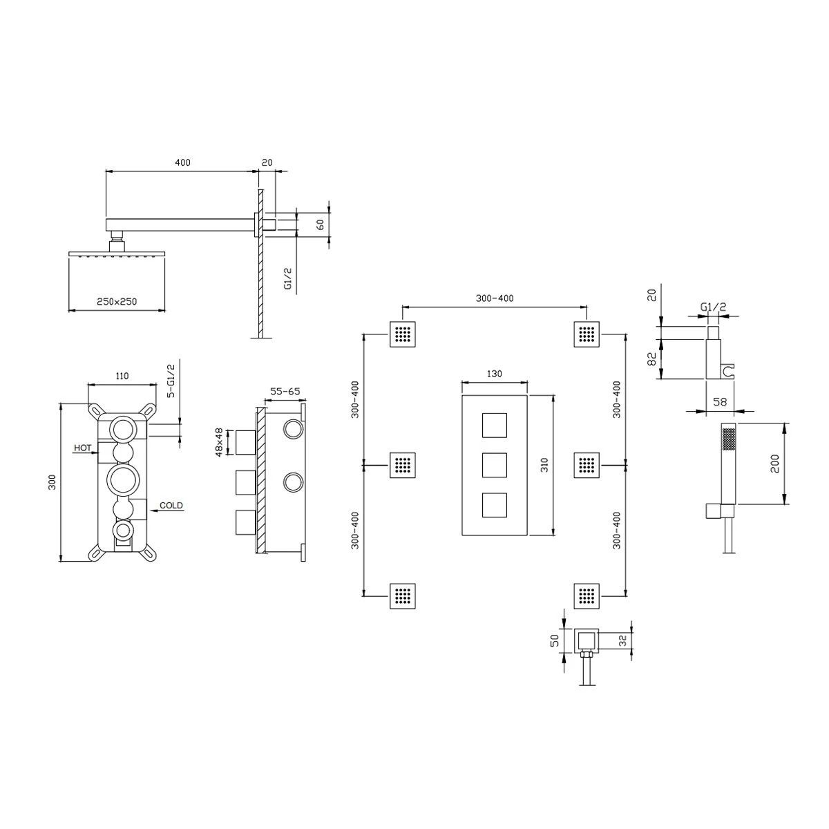 Duschsystem mit Thermostat, 6 Massagedüsen, wandbündige Montage, Messing, Chrom, Vento