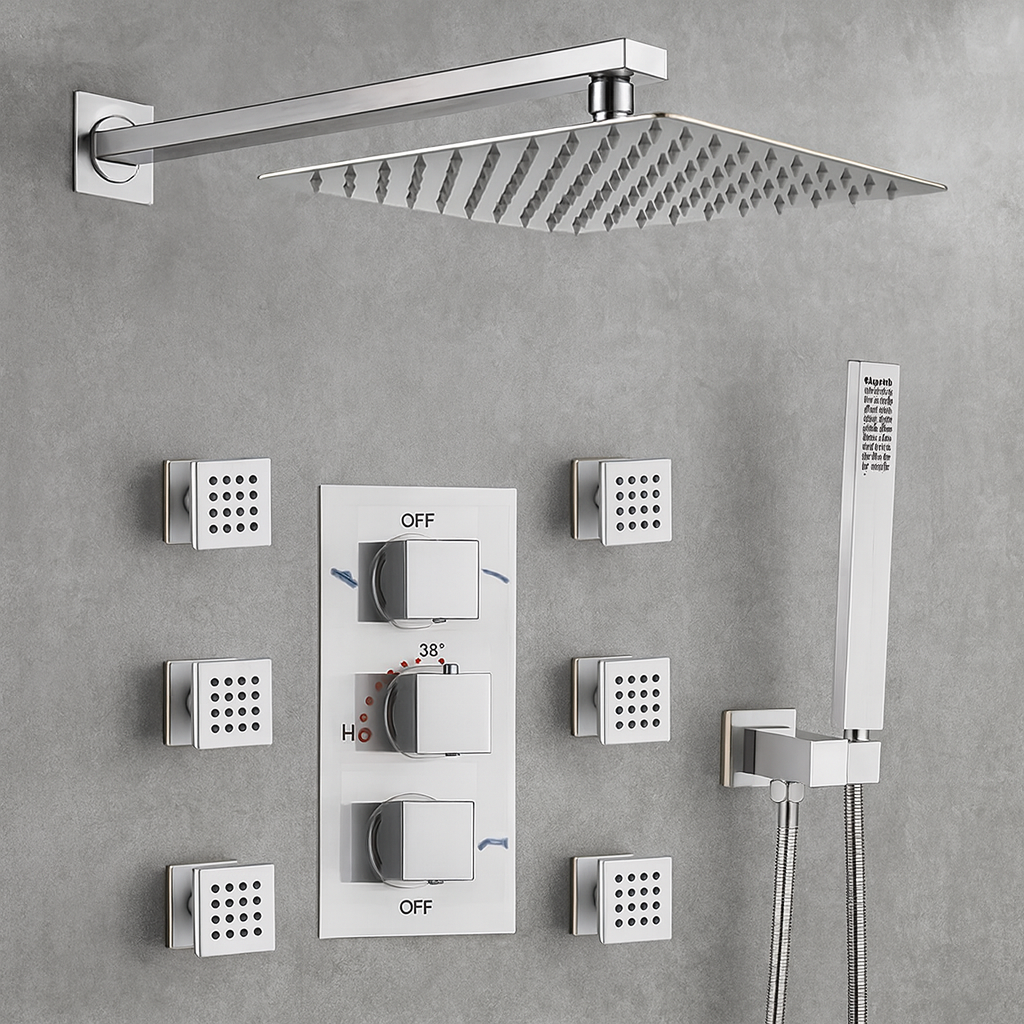 Duschsystem mit Thermostat, 6 Massagedüsen, wandbündige Montage, Messing, Chrom, Vento
