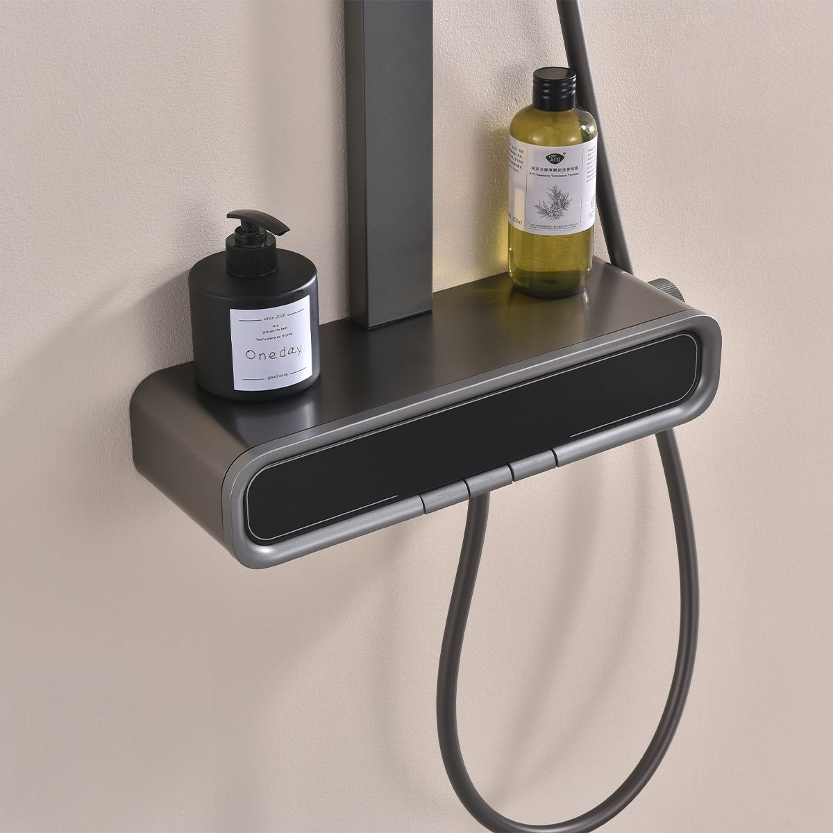 Duschsystem mit Thermostat, LED-Temperaturanzeige, Ablage, 3 Funktionen, Gun Grey, Prisma