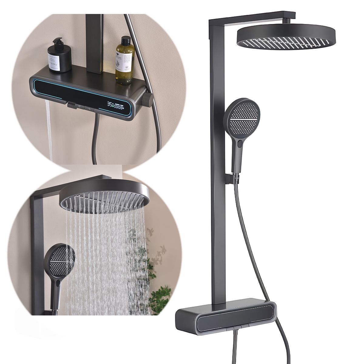 Duschsystem mit Thermostat, LED-Temperaturanzeige, Ablage, 3 Funktionen, Gun Grey, Prisma