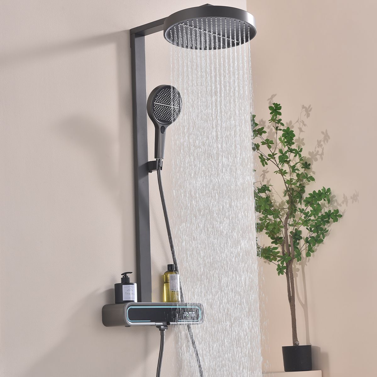 Duschsystem mit Thermostat, LED-Temperaturanzeige, Ablage, 3 Funktionen, Gun Grey, Prisma