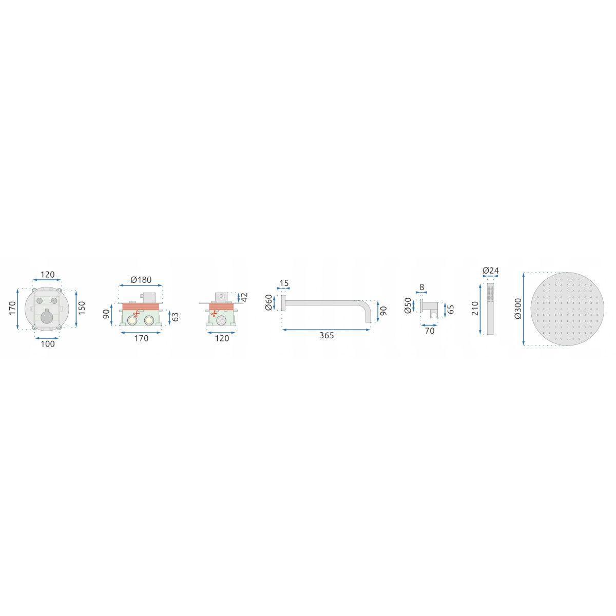 REA-MILER Thermostat-Duschsystem, Mattschwarz, Unterputz, Unterputzarmatur, Regendusche 30 x 30 cm