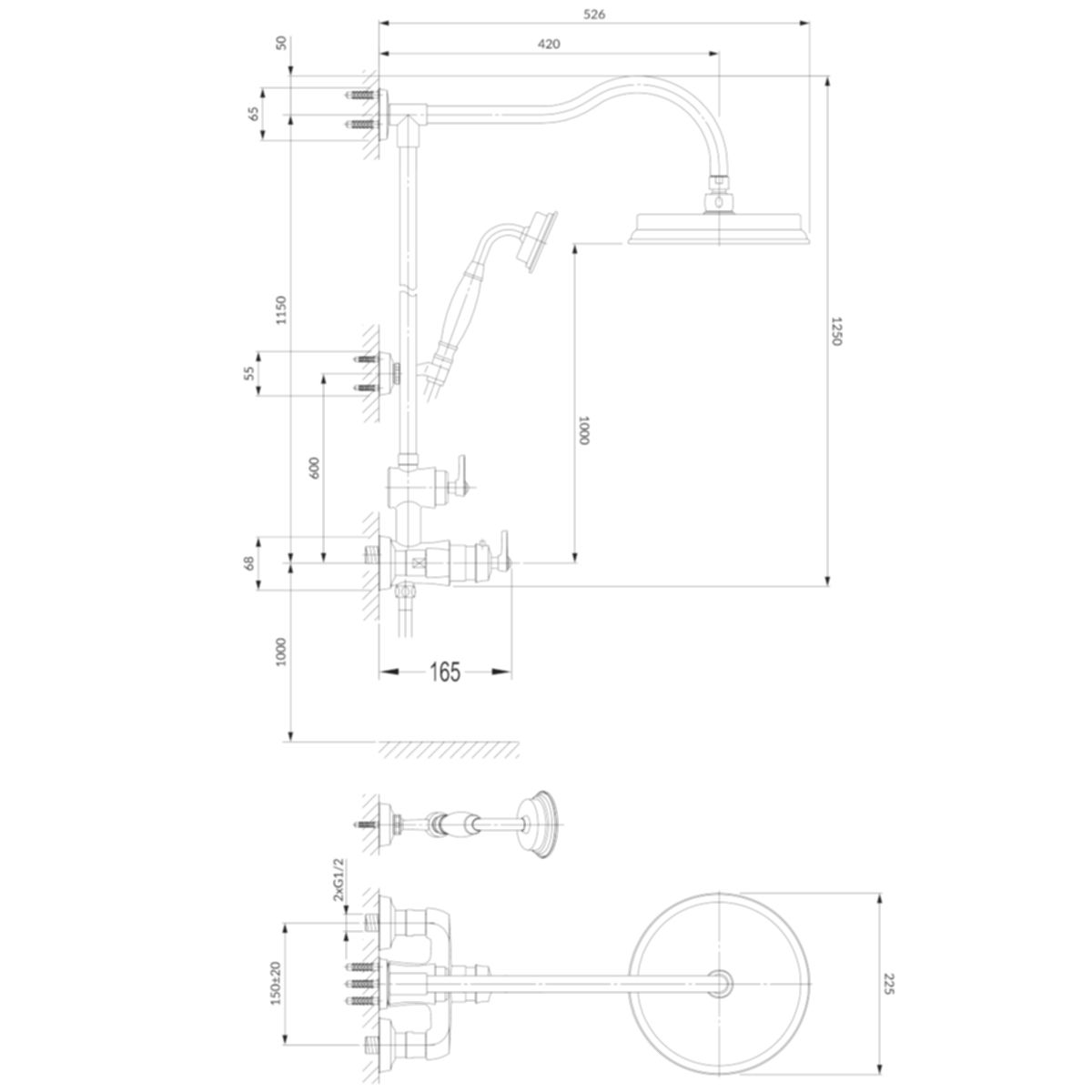 OMNIRES ARMANCE VINTAGE Duschsystem, PVD-Finish, Gold, Easy Clean Silikondüsen, Wandmontage