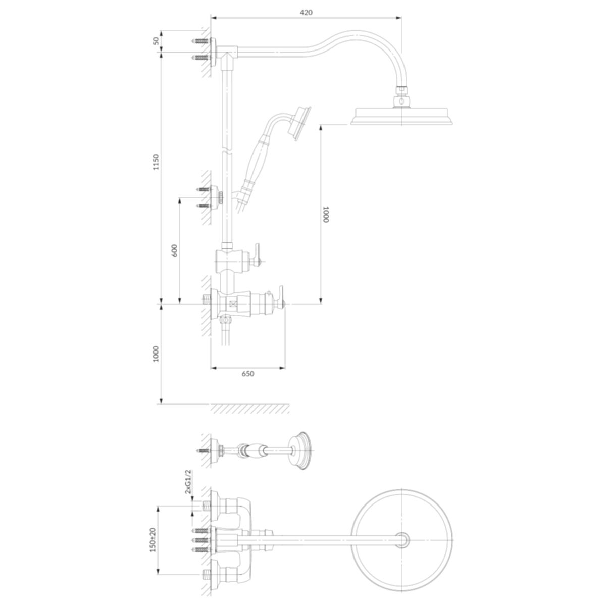OMNIRES ARMANCE VINTAGE Duschsystem, Thermostat, Ausführung Kupfer gebürstet, Safe Touch Armaturenkörperkühlung, Wandmontage