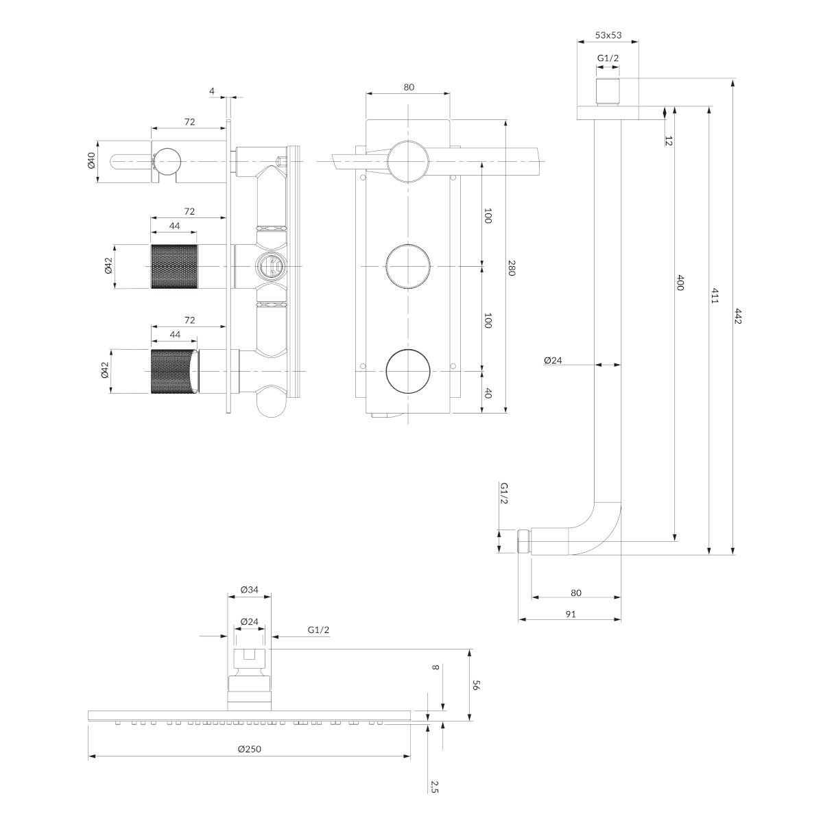OMNIRES CONTOUR Duschsystem, Anthrazit, PVD-gebürstetes Finish, Easy Clean Silikondüsen, Unterputzmontage