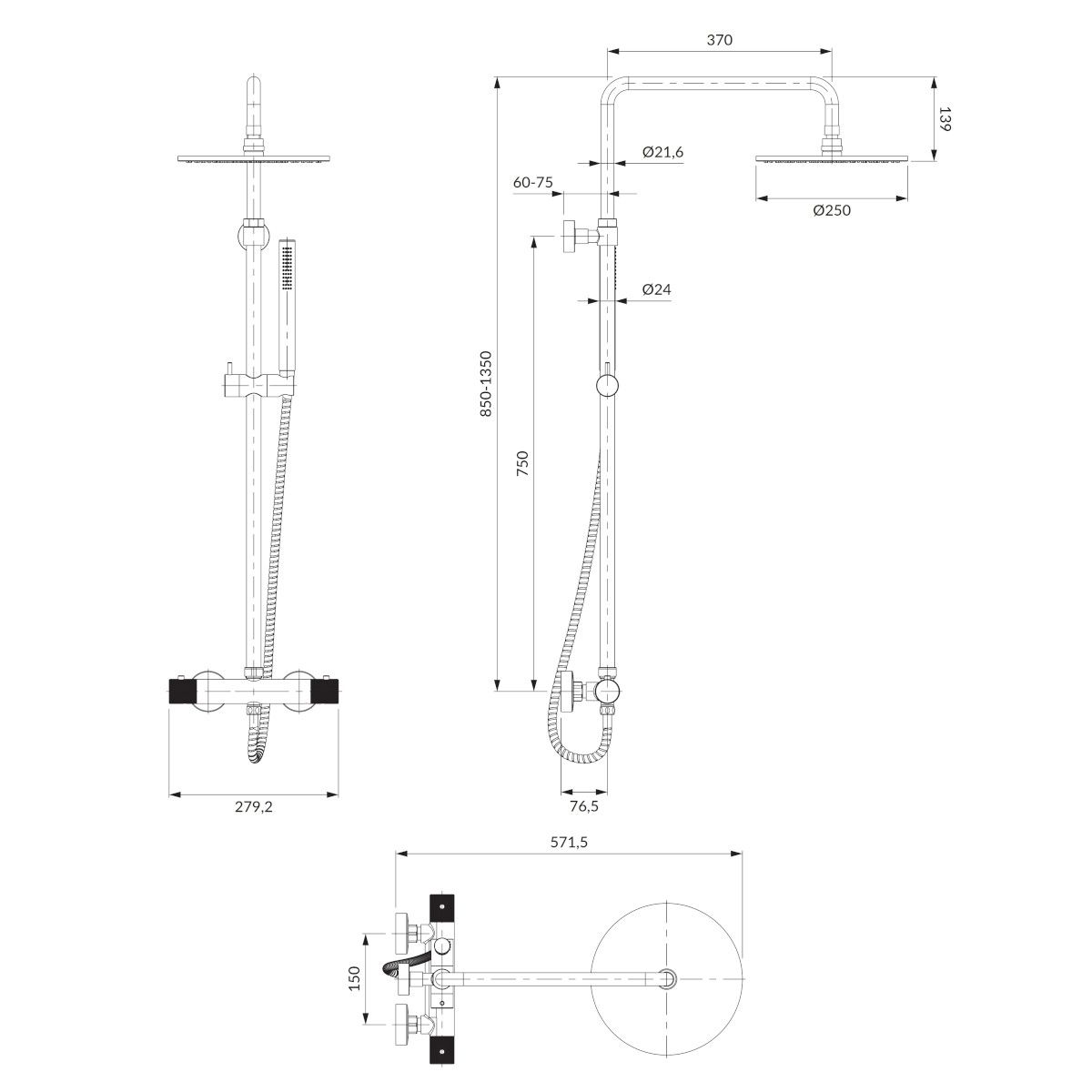 OMNIRES CONTOUR Duschsystem, Thermostat, Gold, PVD-gebürstetes Finish, Easy Clean Silikondüsen, Wandmontage