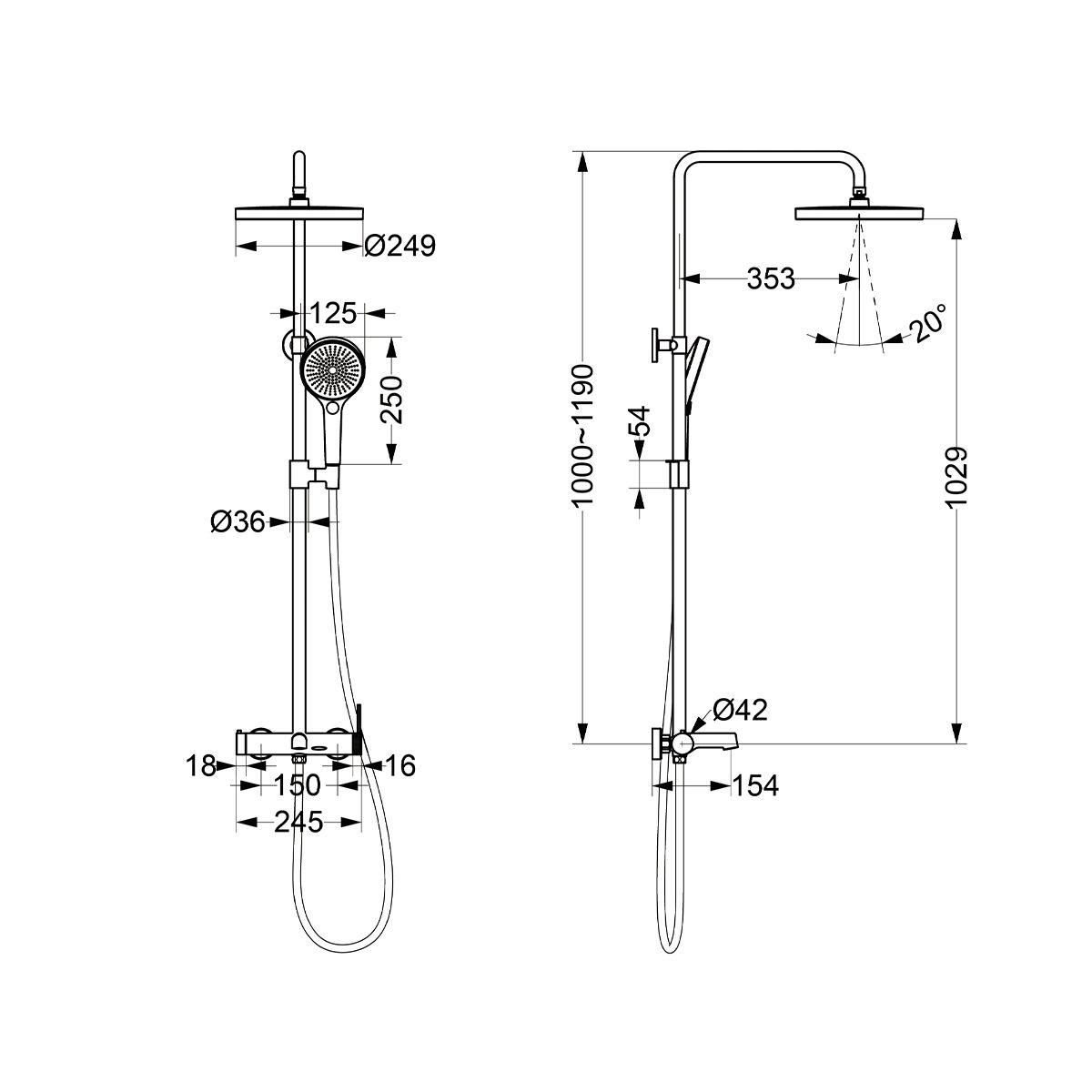 Duschsystem, Badewannenarmatur, 3 Funktionen, Wandmontage, Auriu Mat, Apolo