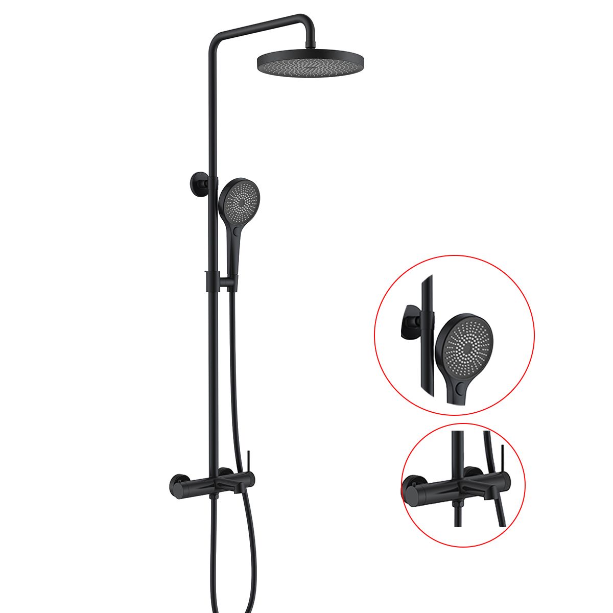 Duschsystem, Badewannenarmatur, 3 Funktionen, Wandmontage, Mattschwarz, Apolo