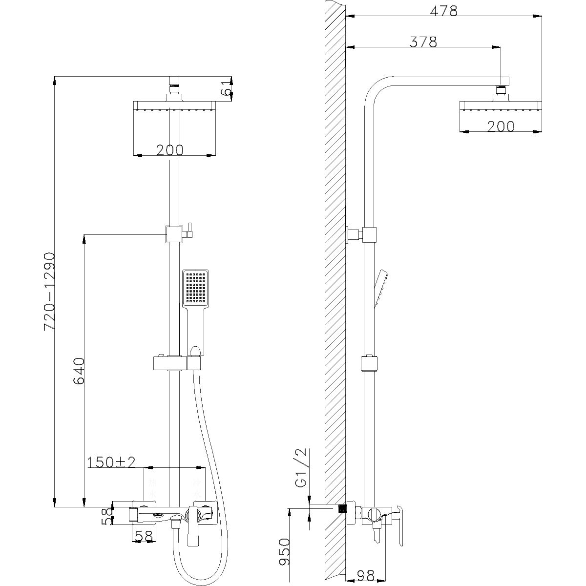 Duschsystem, Badewannenarmatur, 3 Funktionen, Wandmontage, Mattschwarz, Athena
