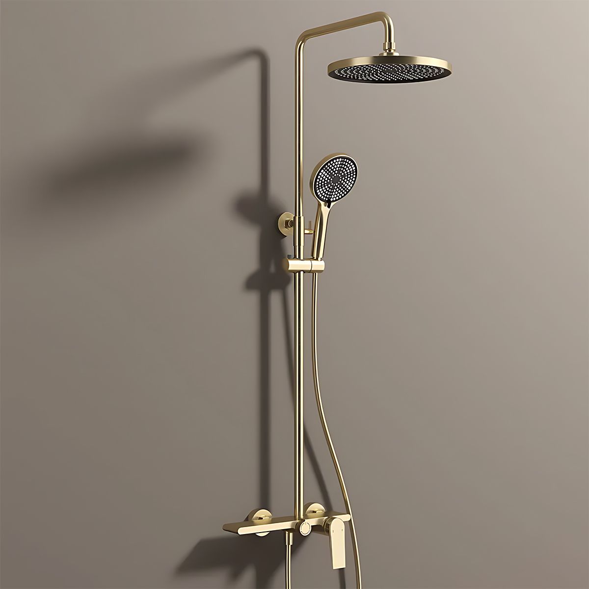 Duschsystem, Wasserfall-Badewannenauslauf, 3 Funktionen, Ablage, Wandmontage, Mattgold, Divina