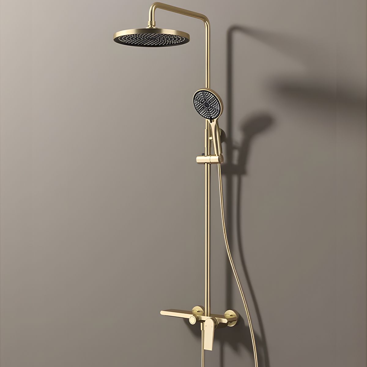Duschsystem, Wasserfall-Badewannenauslauf, 3 Funktionen, Ablage, Wandmontage, Mattgold, Divina