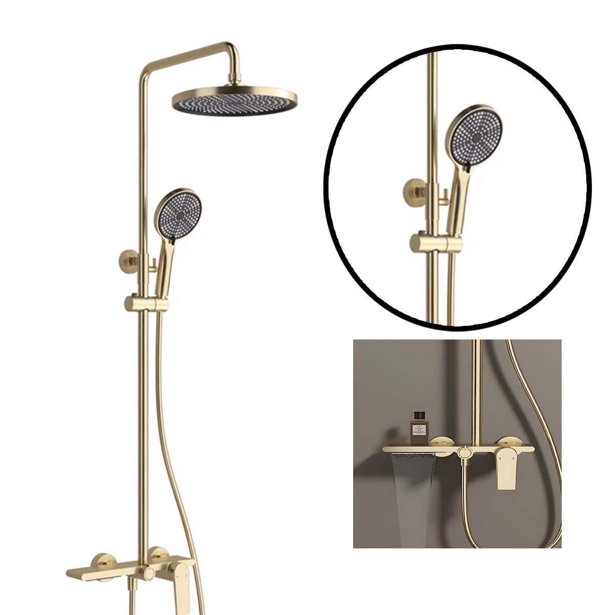 Duschsystem, Wasserfall-Badewannenauslauf, 3 Funktionen, Ablage, Wandmontage, Mattgold, Divina