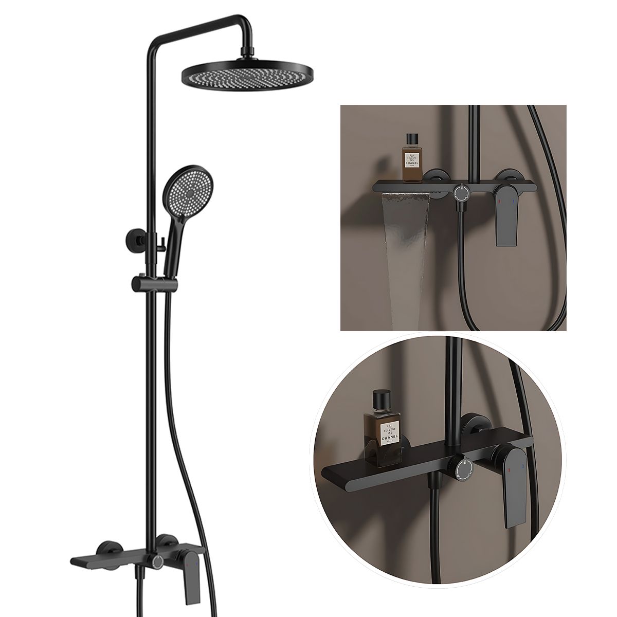 Duschsystem, Wasserfall-Badewannenauslauf, 3 Funktionen, Ablage, Wandmontage, Mattschwarz, Divina