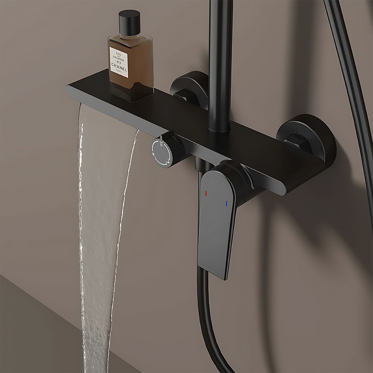 Duschsystem, Wasserfall-Badewannenauslauf, 3 Funktionen, Ablage, Wandmontage, Mattschwarz, Divina