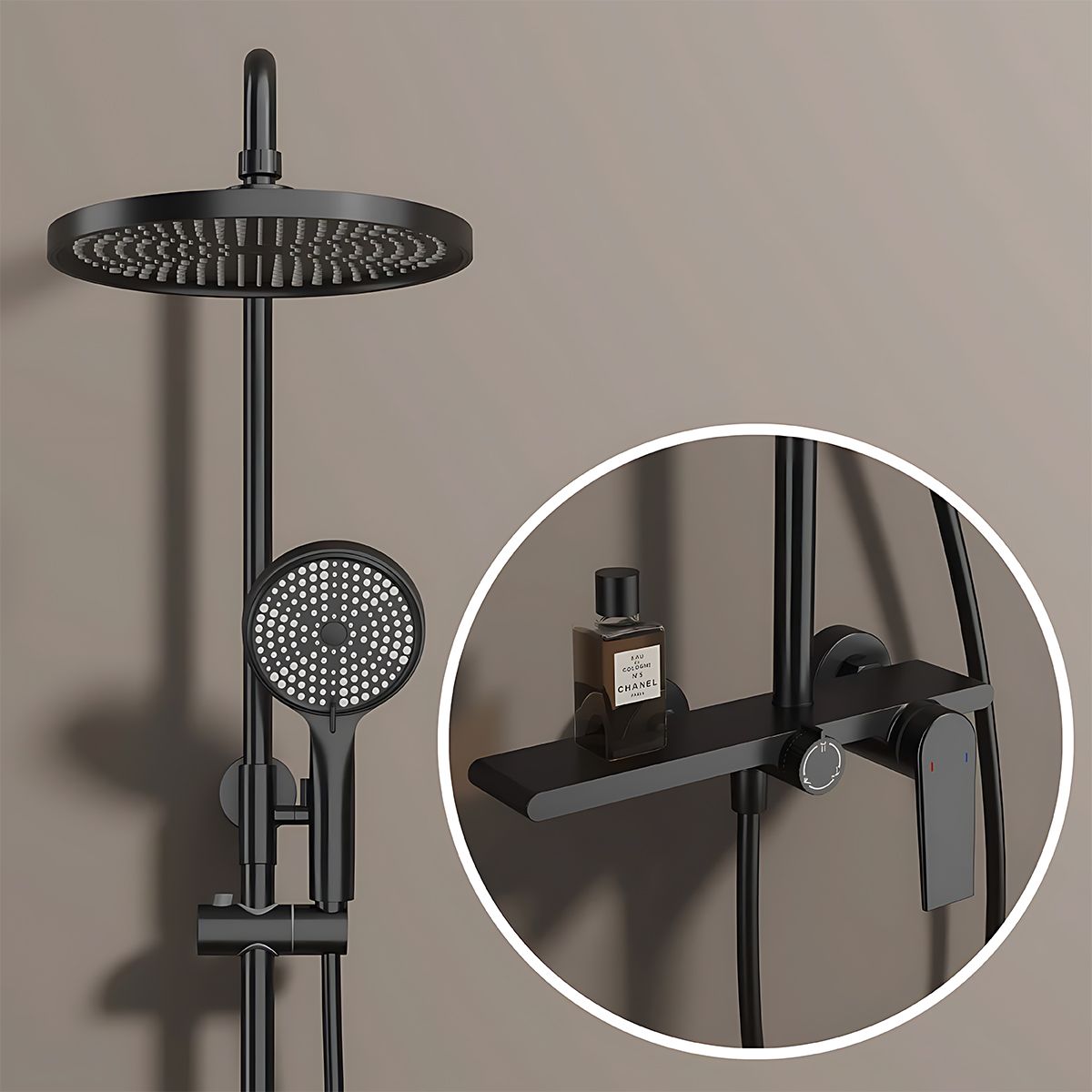 Duschsystem, Wasserfall-Badewannenauslauf, 3 Funktionen, Ablage, Wandmontage, Mattschwarz, Divina