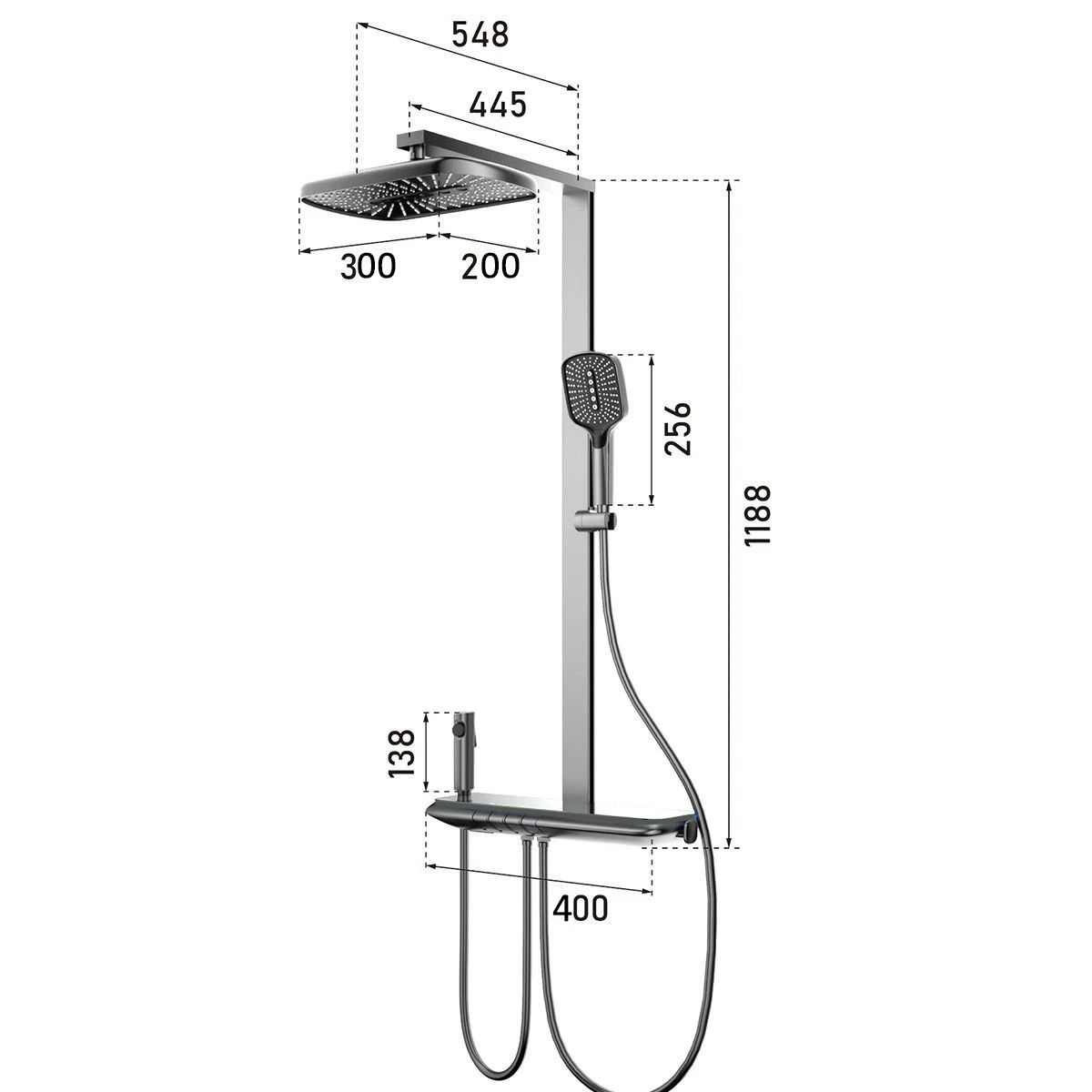 Dusch- und Badewannensystem, 2 Handbrausen, Armatur mit Piano-Tasten, 3 Funktionen, Wandmontage, Stahl, Gun Grey, Serano