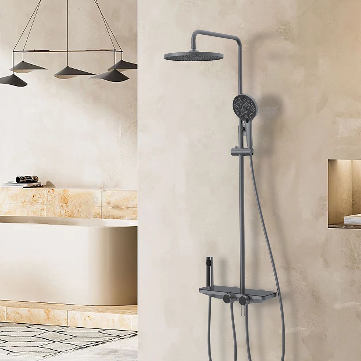 Dusch- und Badewannensystem mit 2 Handbrausen, 3 Funktionen, Wandmontage, Edelstahl, Gun Grey, Eleganza