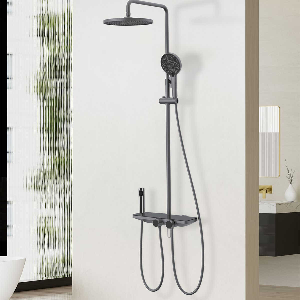 Dusch- und Badewannensystem mit 2 Handbrausen, 3 Funktionen, Wandmontage, Edelstahl, Gun Grey, Eleganza