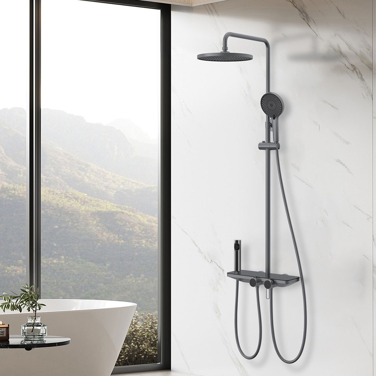 Dusch- und Badewannensystem mit 2 Handbrausen, 3 Funktionen, Wandmontage, Edelstahl, Gun Grey, Eleganza
