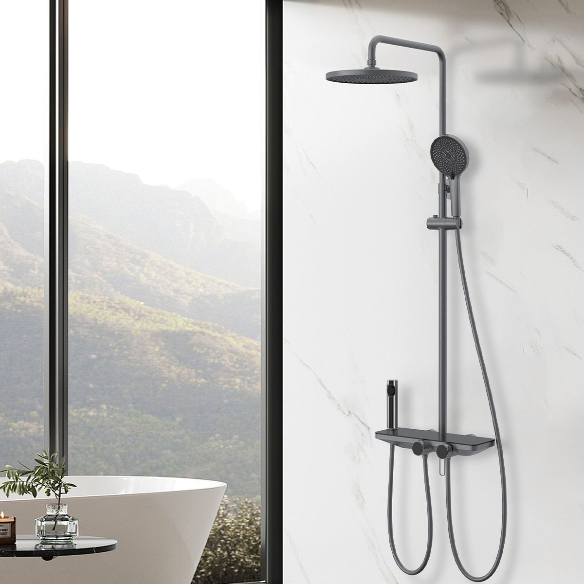 Dusch- und Badewannensystem mit 2 Handbrausen, 3 Funktionen, Wandmontage, Edelstahl, Gun Grey, Eleganza