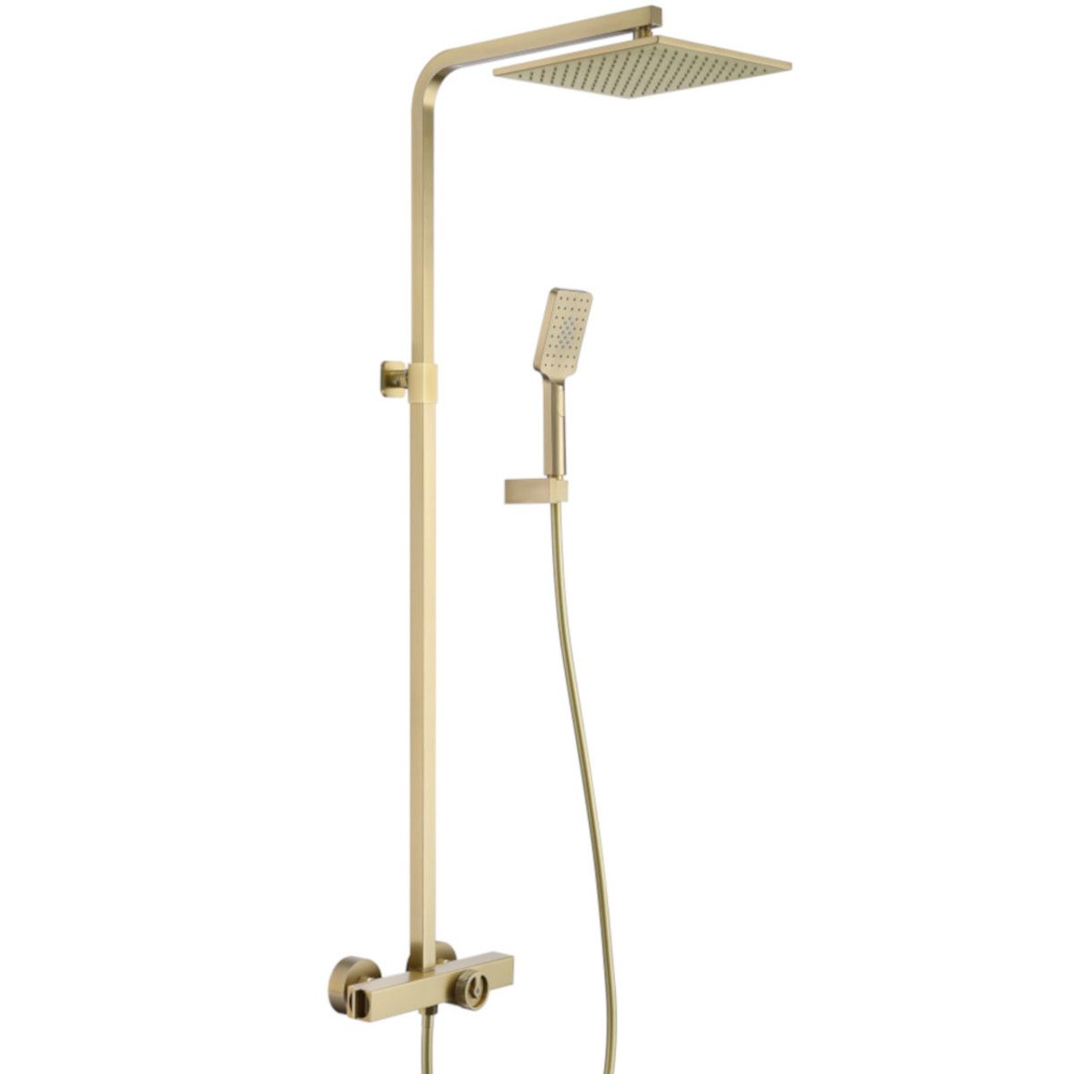 Thermostat-Duschsystem, Badewannenarmatur, Dexter, Gebürstetes Gold, Regenbrause 25x25, Handbrause, Wandmontage