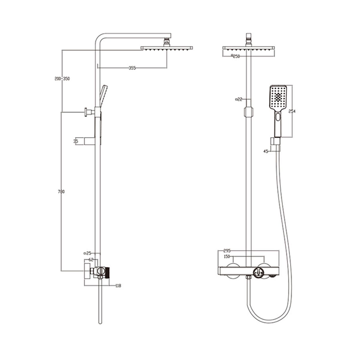 Thermostat-Duschsystem, Badewannenarmatur, Dexter, Gebürstetes Gold, Regenbrause 25x25, Handbrause, Wandmontage