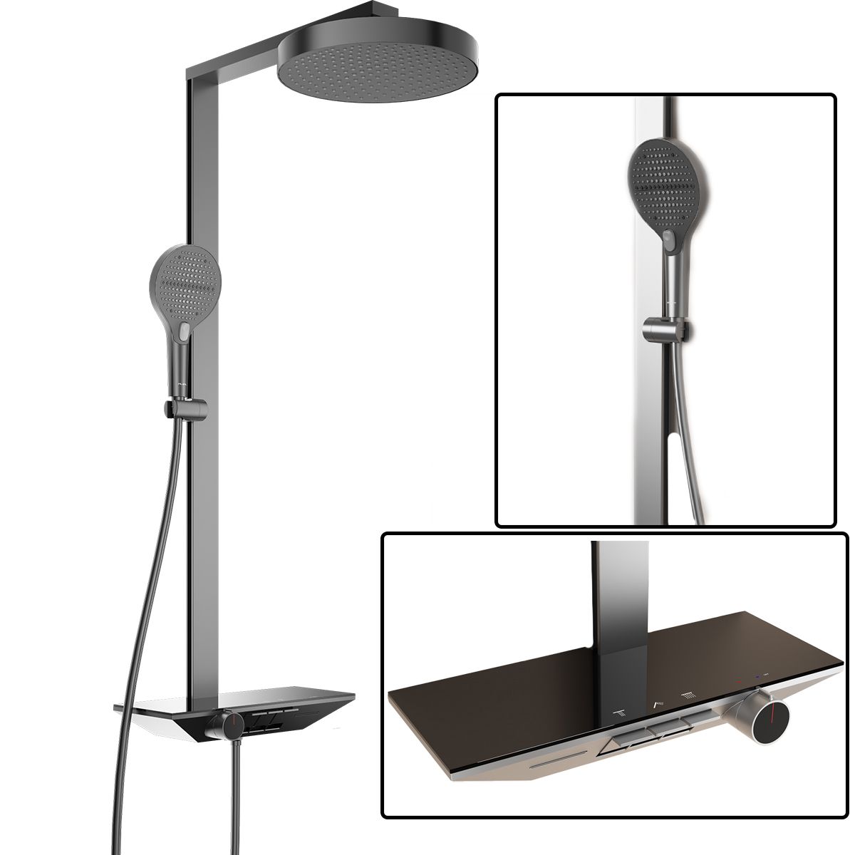 Dusch- und Badewannensystem mit Thermostat, Piano-Tasten, 3 Funktionen, LED, hydraulische Versorgung, Gun Grey, Serafino