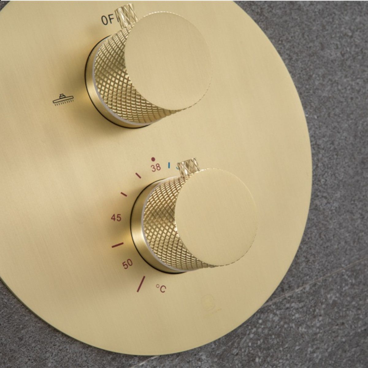 Duschsystem, Mattgold, Deckenmontage, Einbauarmatur mit Thermostat, Regenbrause, Durchmesser 40 cm, Apolo