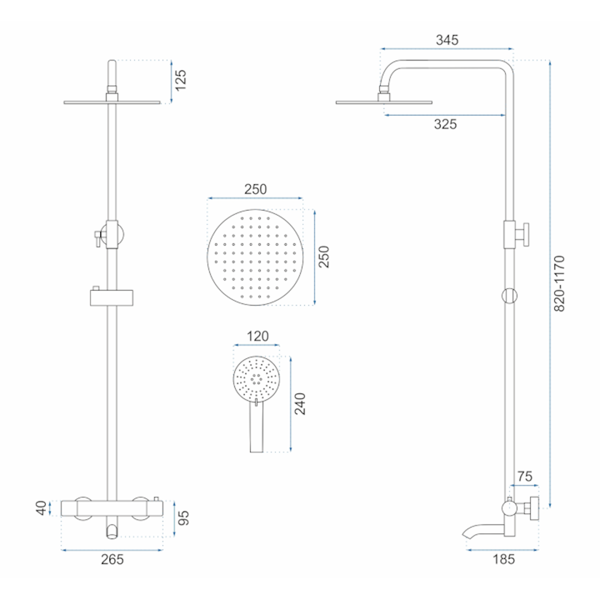 REA-Lungo Black Thermostat-Duschsystem, Regendusche 25x25 cm, Wandmontage, Handbrause, Ausführung Mattschwarz