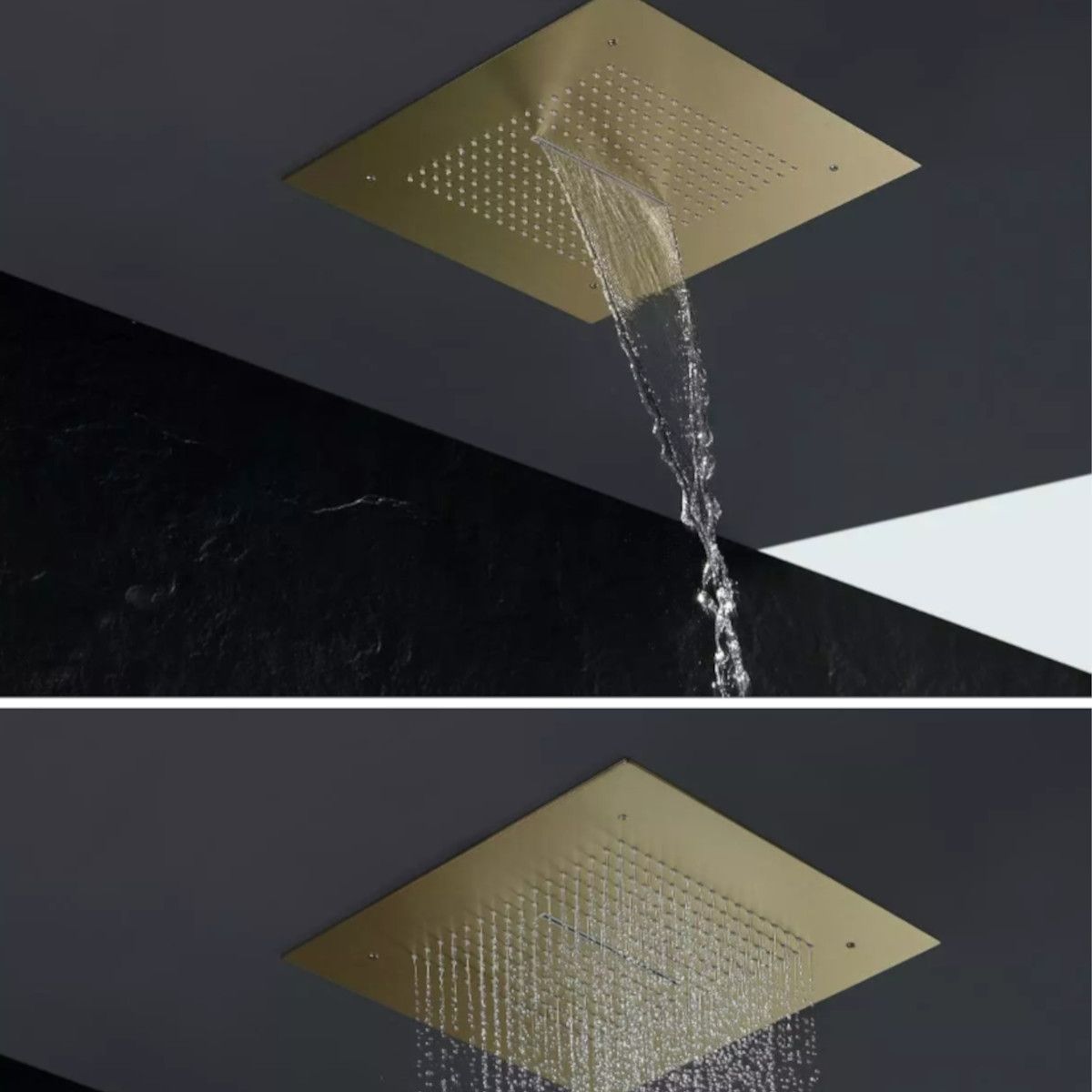 Duschsystem, Regendusche und Wasserfall mit Einbau in die Decke, Mattgold, Einbauarmatur mit Thermostat, Amigo