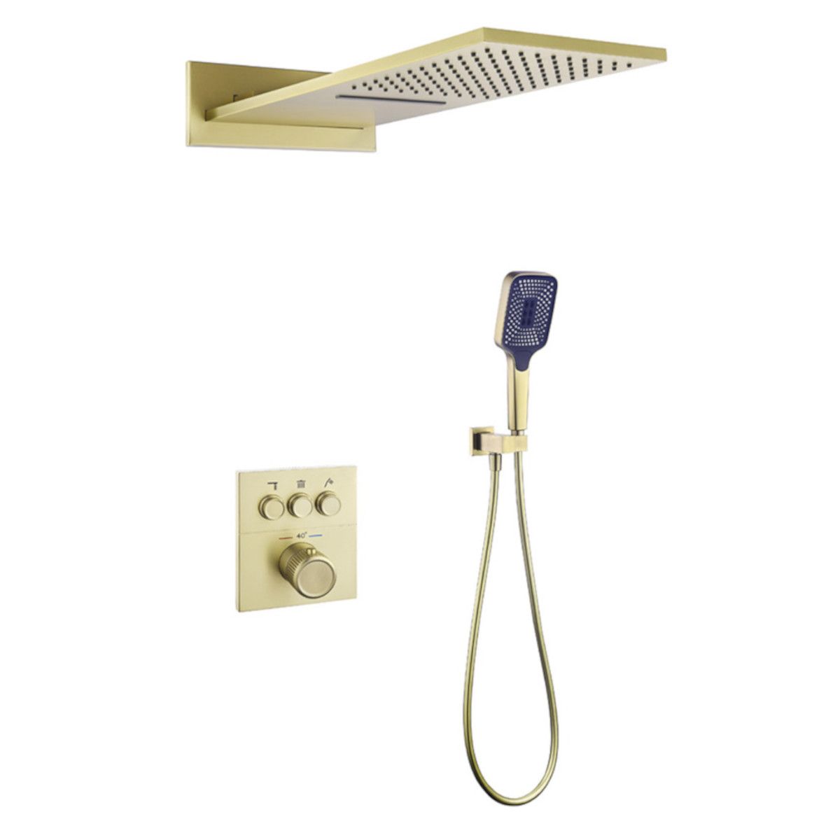 Duschsystem, Regendusche und Wasserfall mit Wandmontage, eingebauter Wasserhahn mit Thermostat, Mattgold, Gitano