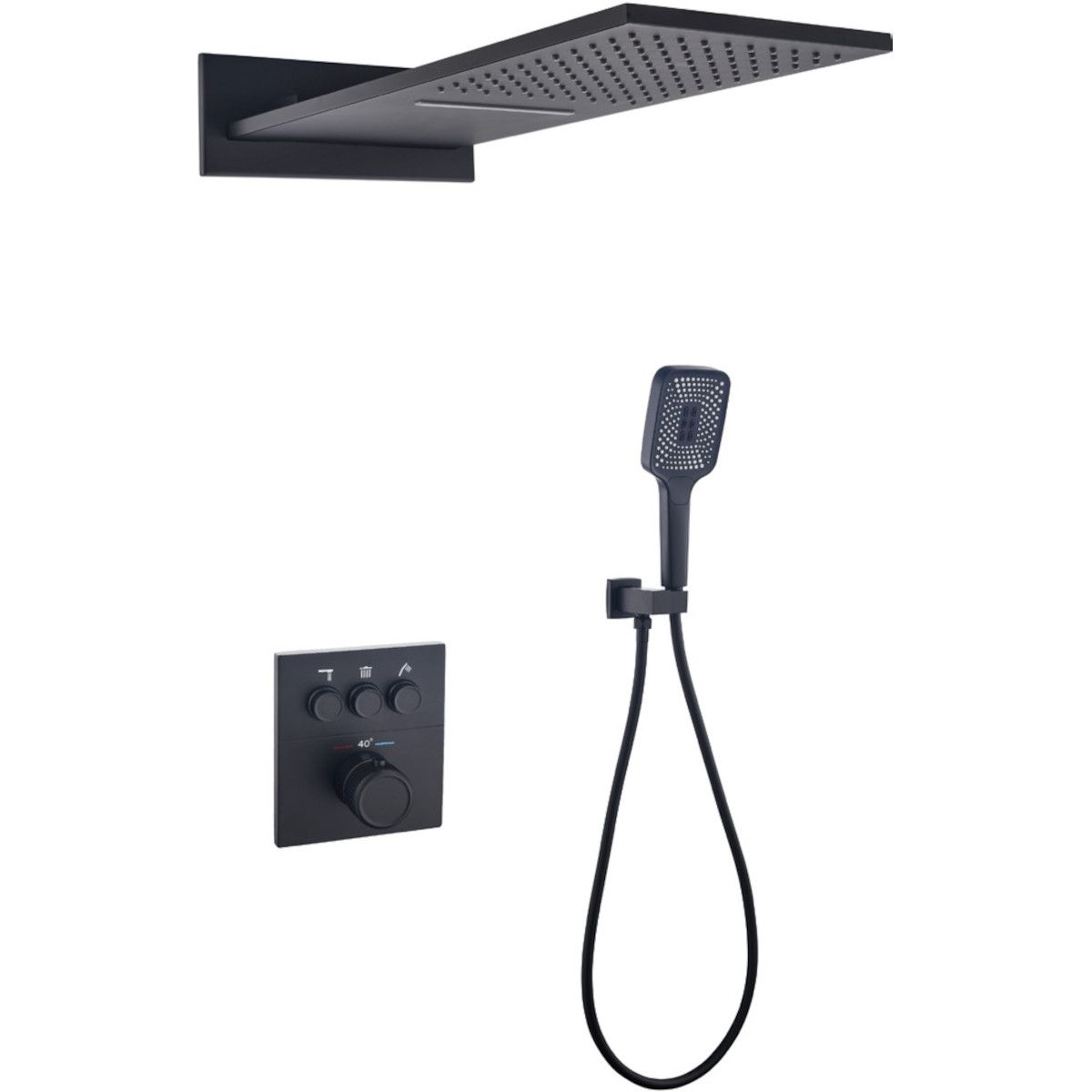 Duschsystem, Regendusche und Wasserfall mit Wandmontage, eingebauter Wasserhahn mit Thermostat, Schwarz, Gitano