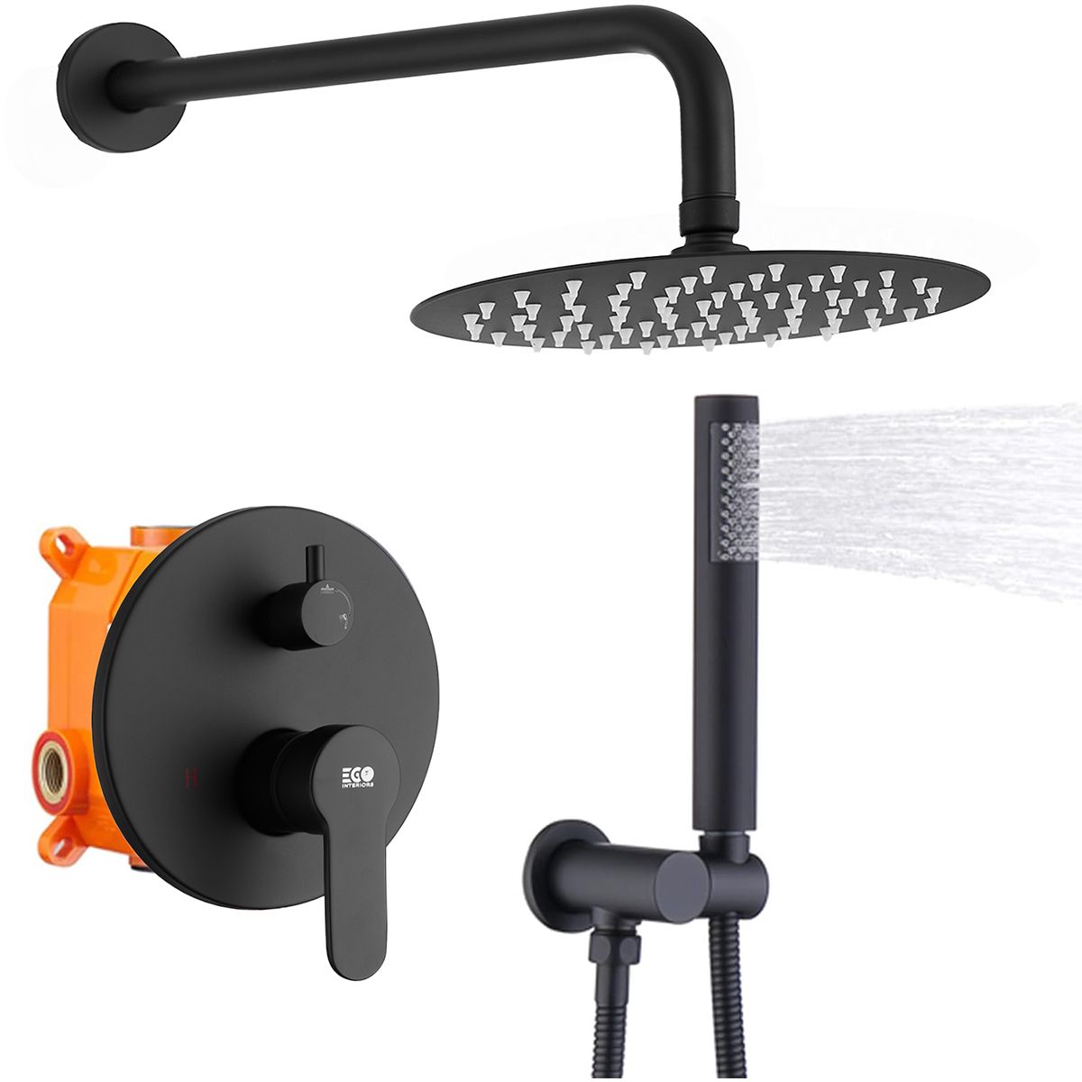 Duschsystem, Wandmontage, Unterputzarmatur, 2 Funktionen, Regendusche, Matt Schwarz, Sparta