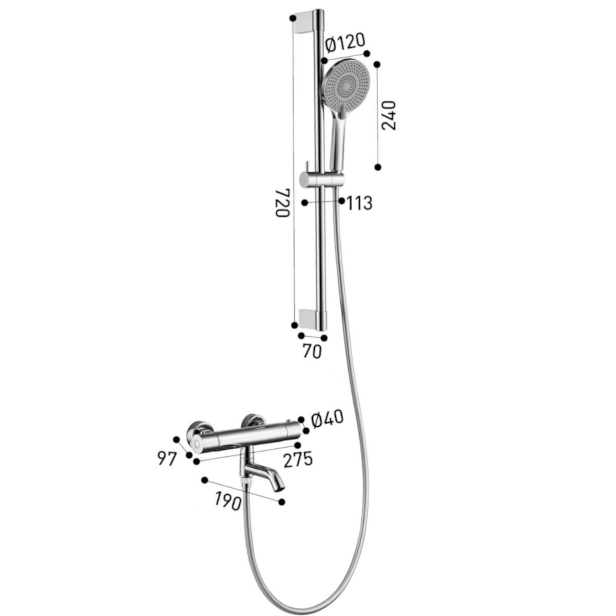 Duschsystem und Badewannenarmatur, Mattschwarz, Vernet Thermostat, Handbrause mit 3 Strahlarten, Glitschiene, Pilos