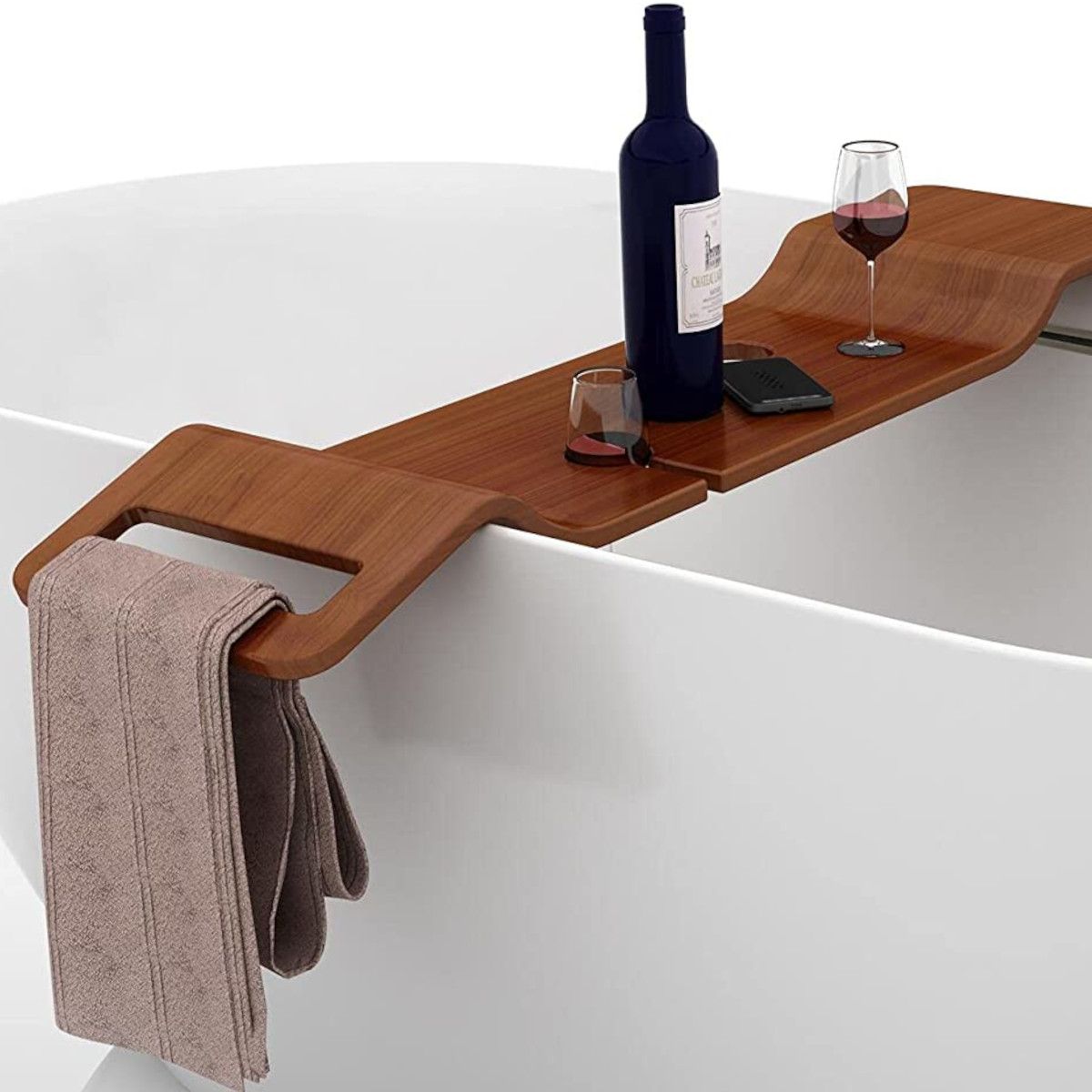 Badewannetablett Vasco, 100x25x1,5, Luxury-Finish aus mehrschichtigem Holz, Eiche, wasserfest, Farbe: Nussbaum