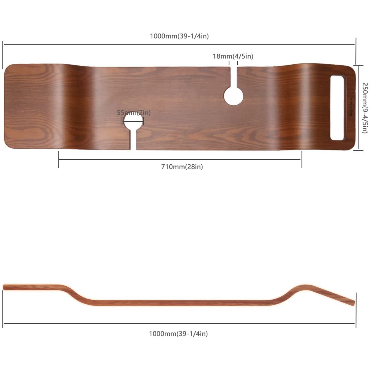 Badewannetablett Vasco, 100x25x1,5, Luxury-Finish aus mehrschichtigem Holz, Eiche, wasserfest, Farbe: Nussbaum