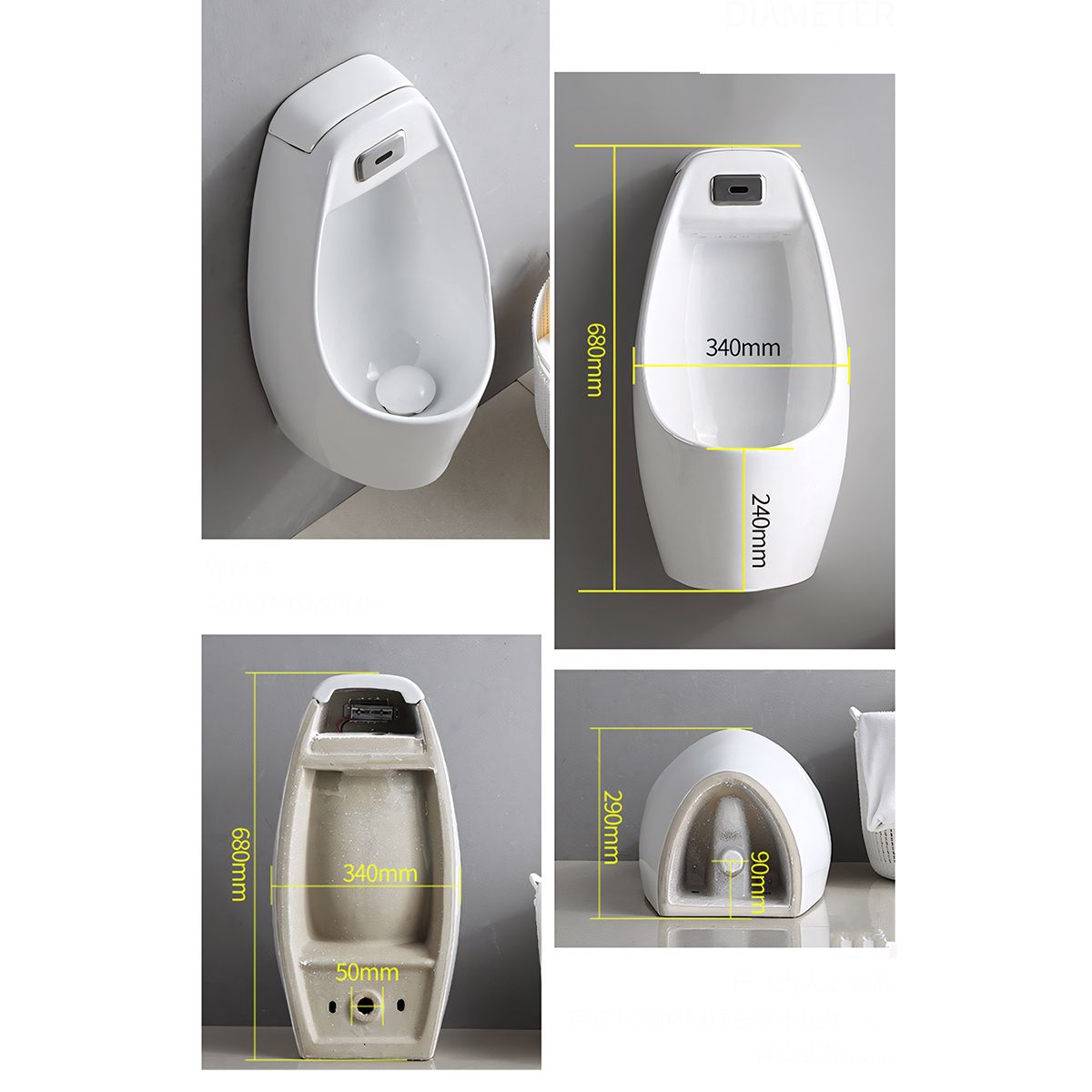 Urinal mit integriertem Sensor, Wand- oder Bodenablauf, 34x29x68 cm, Glänzend Weiß, Lucente