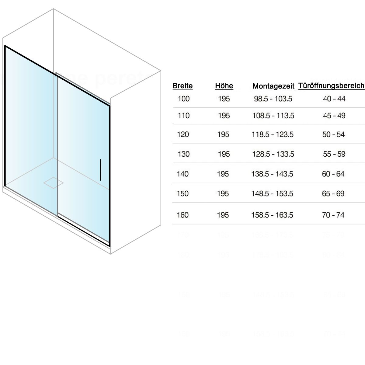 Duschtür, verschiebbar, transparent, 6 mm Sicherheitsglas, Größen zwischen 100–180 cm, mattgoldenes Profil, Hanes