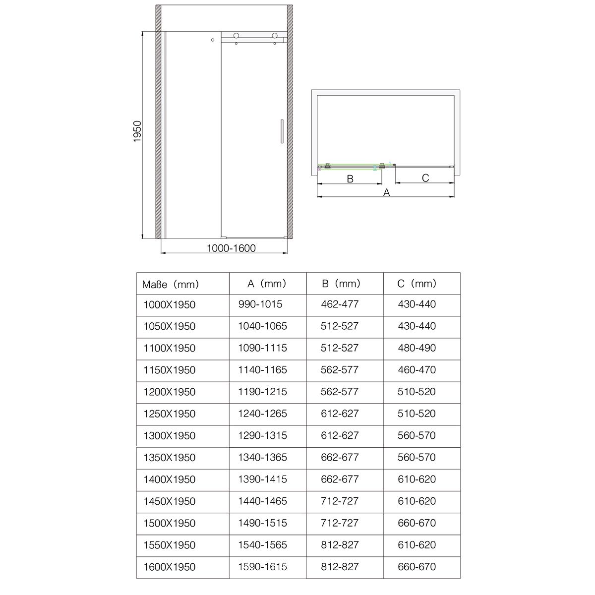Duschtür EGO-17, Schiebetür, Nano-Behandlung, Breite zwischen 100 und 160 cm, ESG-Glas 8 mm