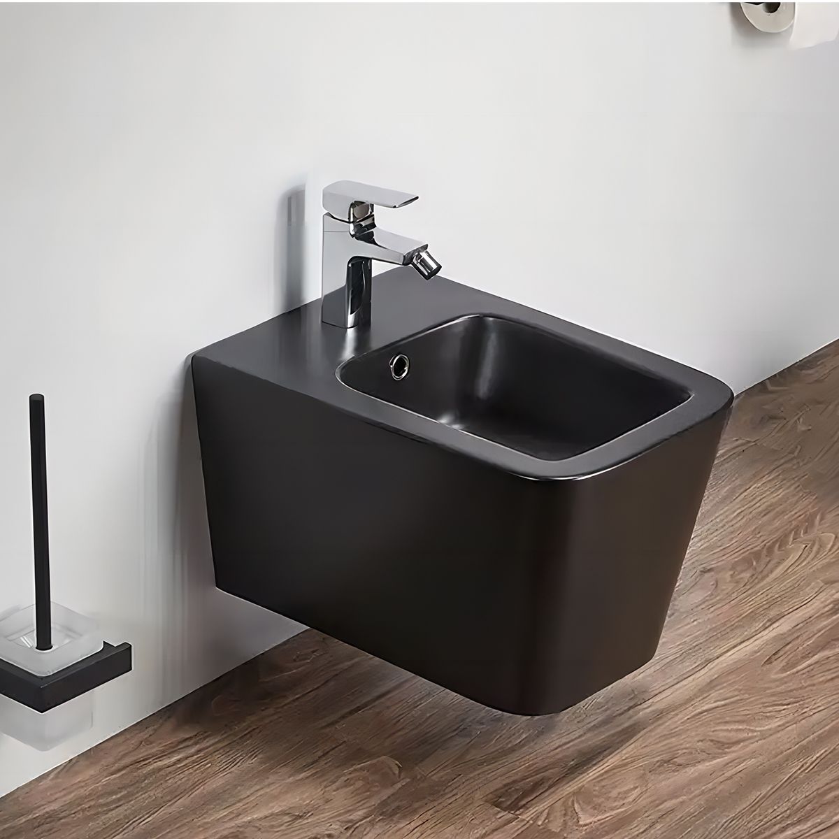 Bidet Alfonso, Mattschwarz, Power Colour, 52x35cm, Wandmontage, mit Überlauf
