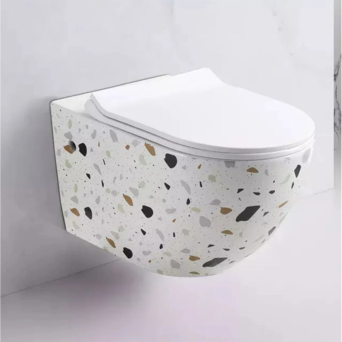 Wandhängendes WC, Weiß Terrazzo, Rimless, 48x37 cm, Slim Duroplast-Deckel, Sanitärkeramik, Ben