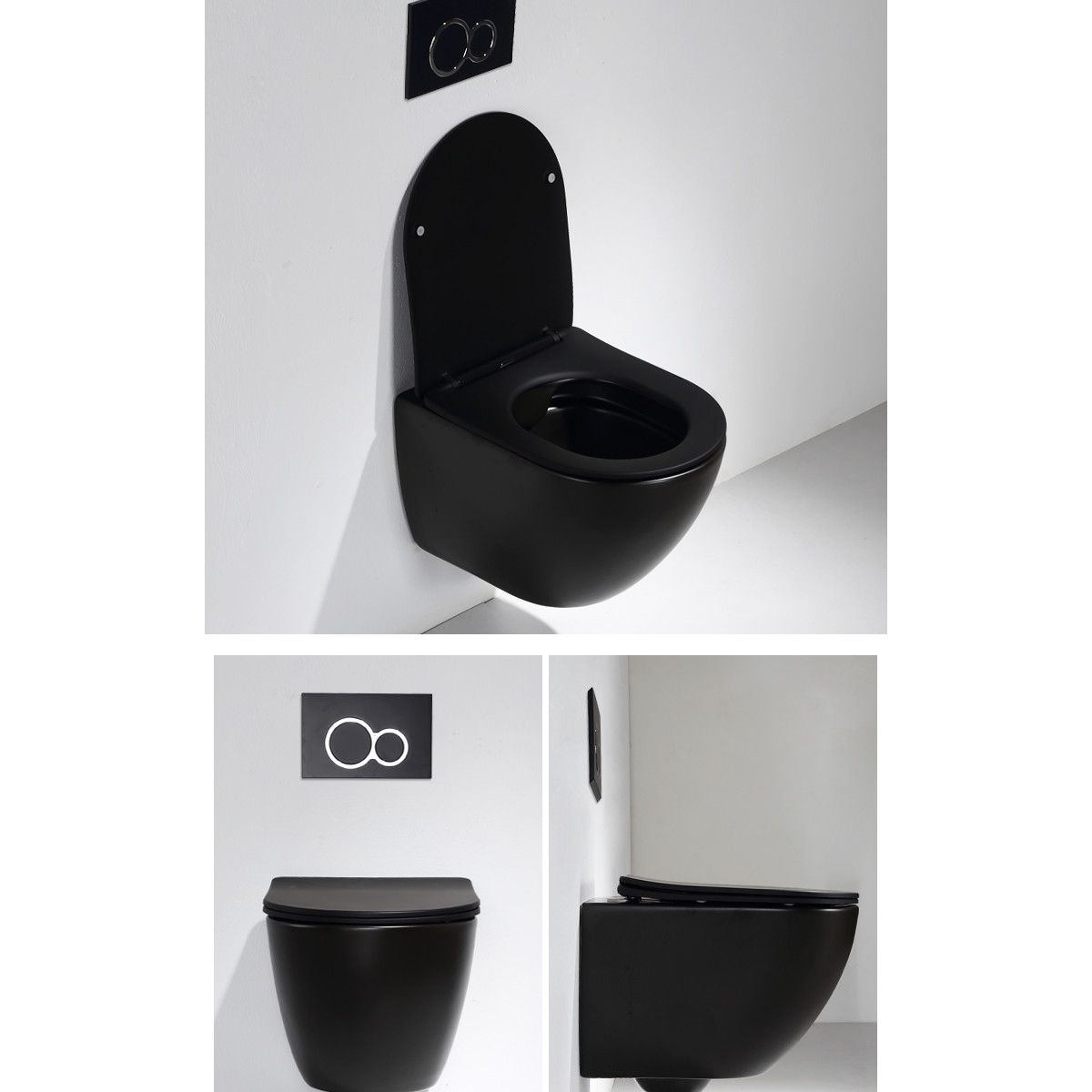 Wandhängendes WC, Schwarz Glänzend, Rimless, 49x36 cm, Duroplast-Deckel, Sanitärkeramik, Ben
