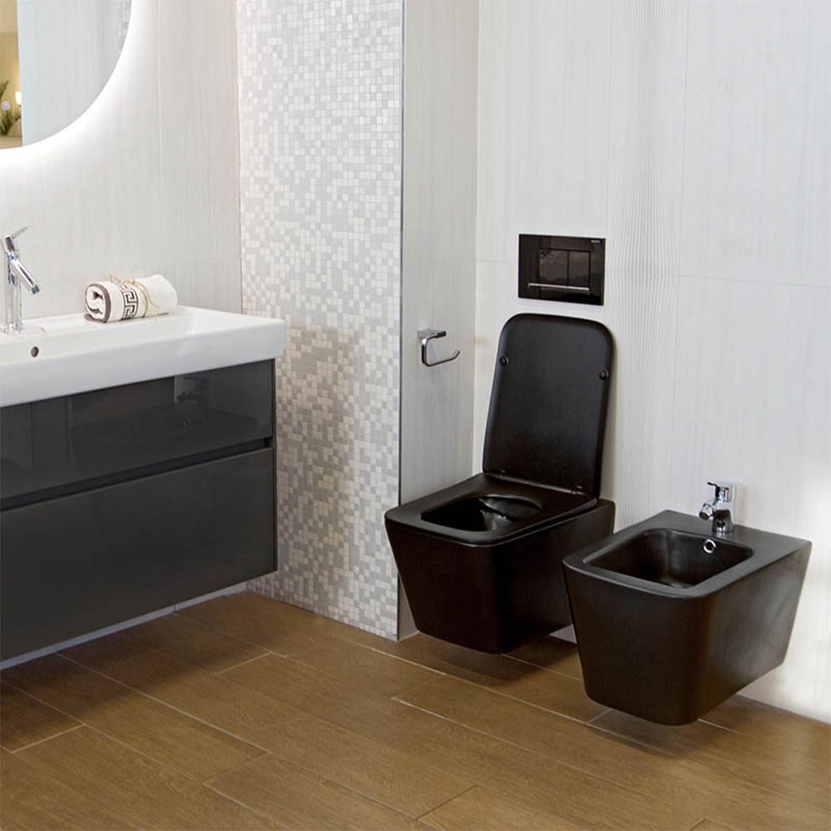 EGO Alfonso Rimless Toilettenschüssel, Mattschwarz, Power Color, hängende Montage, Duroplast Slim Soft-Close-Deckel inklusive