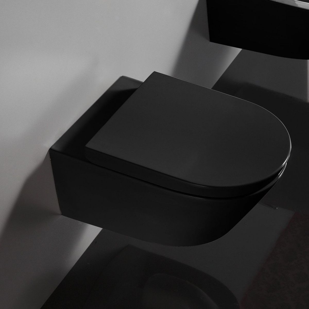 Wand-WC EGO-Aristide, wandhängend, Sanitärkeramik, inkl. Duroplast-WC-Sitz mit Soft-Close-Absenkautomatik, Schwarz glänzend, 56x36 cm