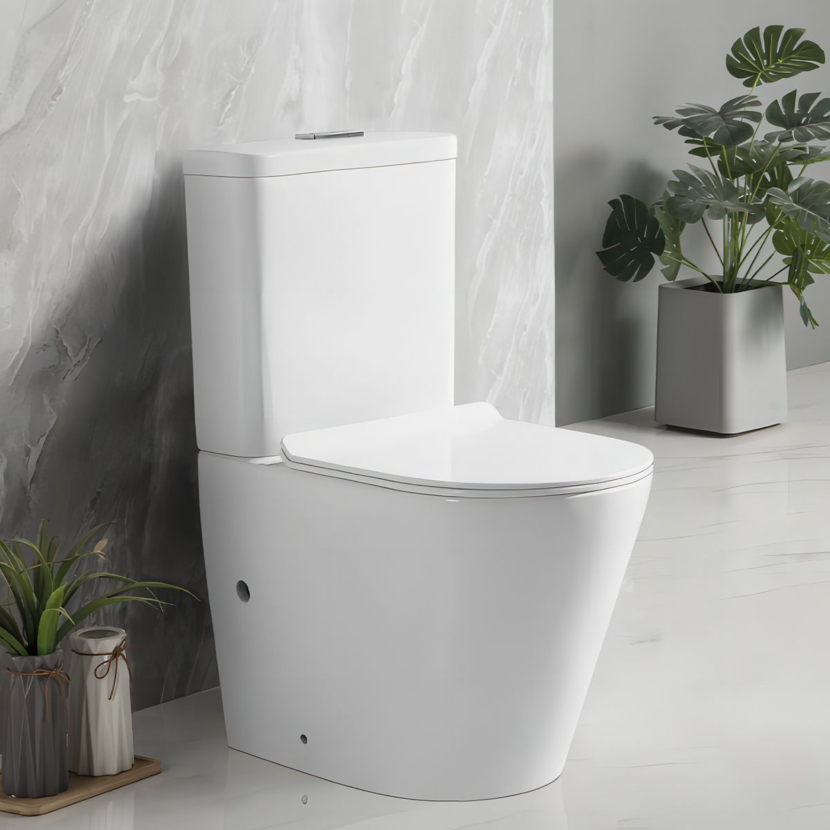 Toilettenschüssel EGO Dario, Rimless, Tank inklusive, 2-St., Weiß glänzend, Bodenmontage, Duroplast Slim Soft-Close-Deckel inkl.