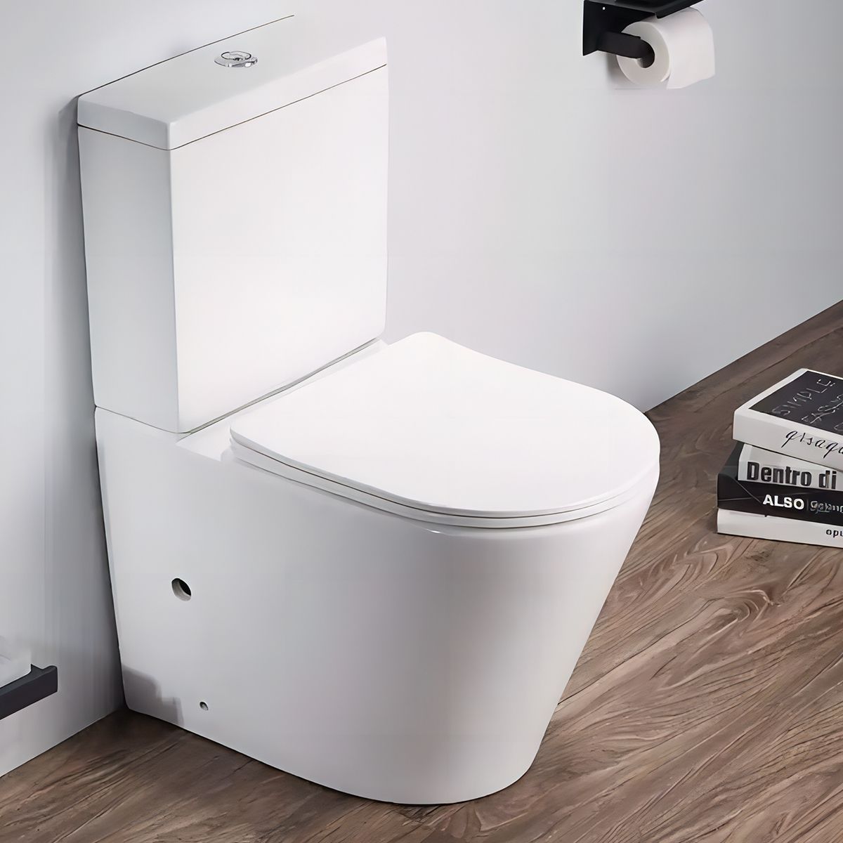 Toilettenschüssel EGO Dario, Rimless, Tank inklusive, 2-St., Weiß glänzend, Bodenmontage, Duroplast Slim Soft-Close-Deckel inkl.