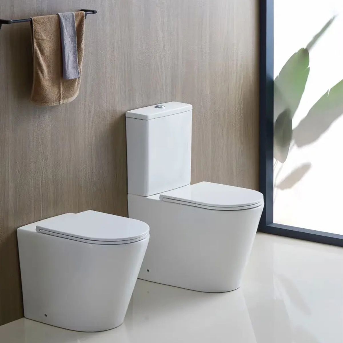 Toilettenschüssel EGO Dario, Rimless, Tank inklusive, 2-St., Weiß glänzend, Bodenmontage, Duroplast Slim Soft-Close-Deckel inkl.