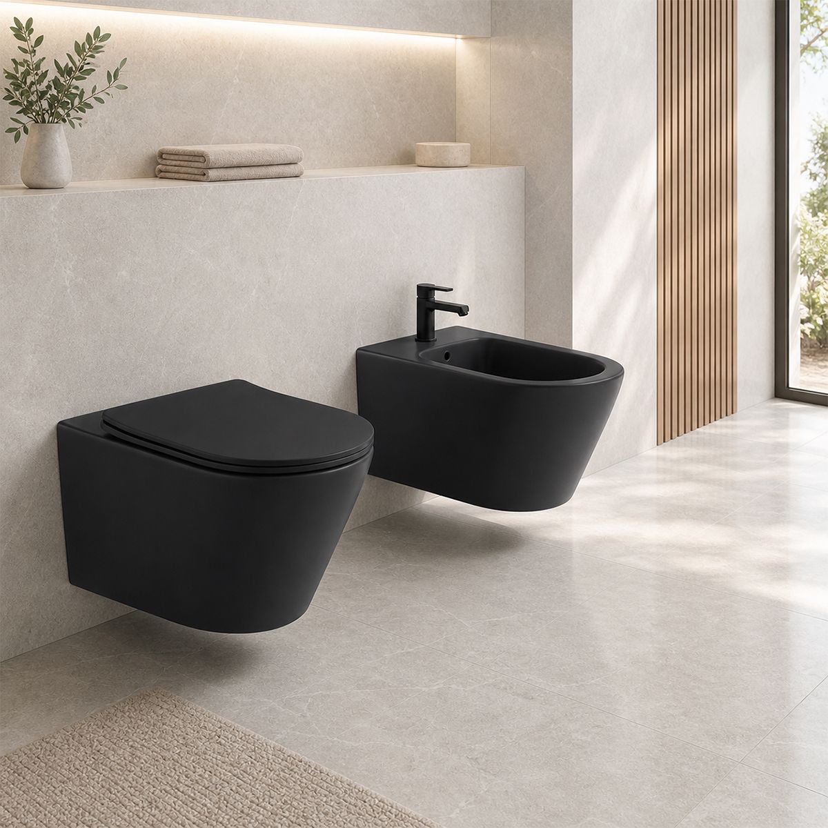 Toilettenschüssel EGO Galo, Rimless, Mattschwarz, 53x36 cm, wandhängend, Duroplast Slim Soft-Close Abdeckung inklusive