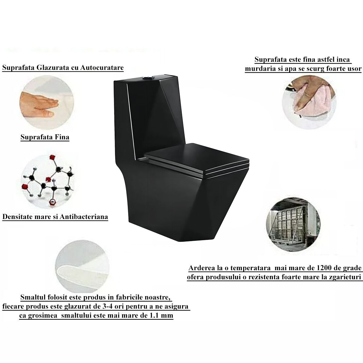 Enrico WC-Becken, SiphonFlush, Mattschwarz, Power Colour, 68x37 cm Inklusive Tank, Bodenmontage, Soft-Close Abdeckung